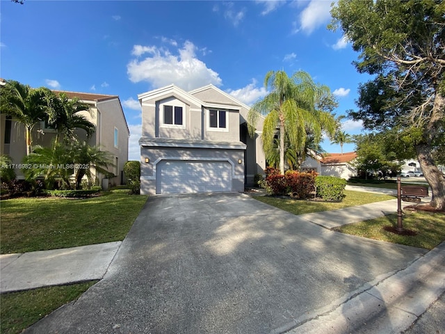 view of front of property featuring a garage and a front lawn