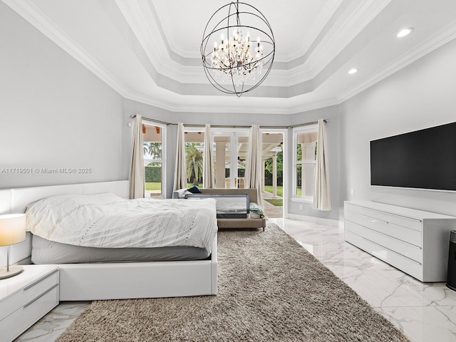 bedroom with a tray ceiling, access to outside, and ornamental molding