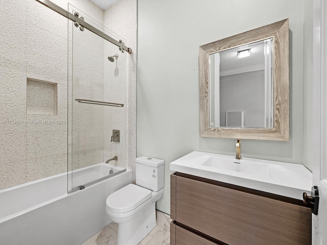 full bathroom featuring vanity, shower / bath combination with glass door, and toilet