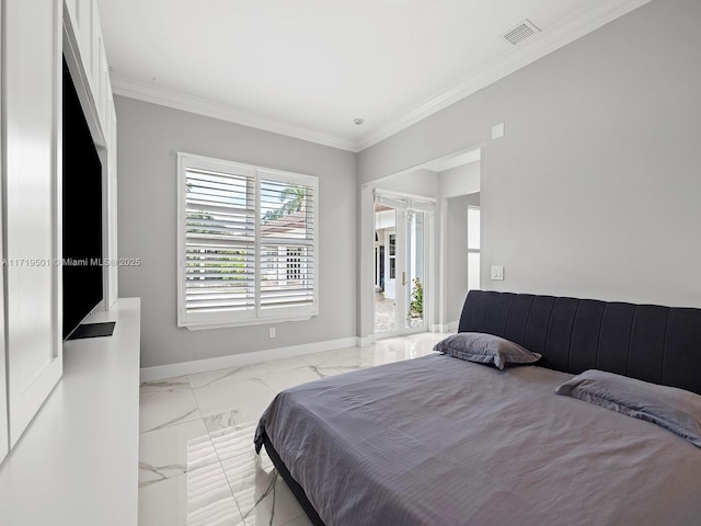 bedroom featuring crown molding and french doors