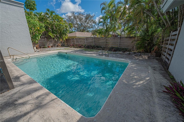 view of pool featuring a fenced in pool, a fenced backyard, and a patio