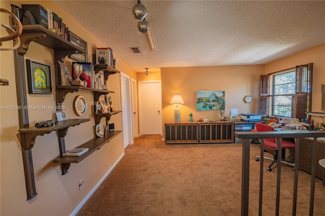 office featuring carpet floors, visible vents, a textured ceiling, and track lighting