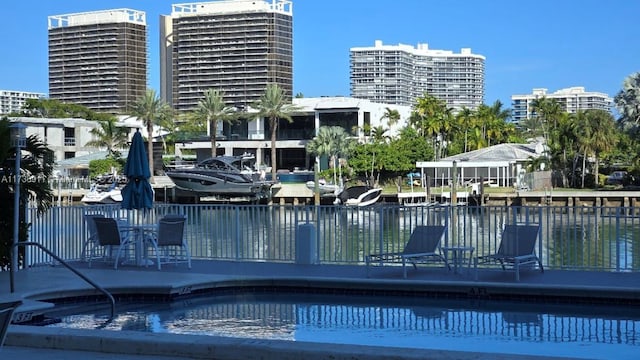 exterior space with a water view