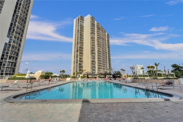 view of swimming pool with a patio area