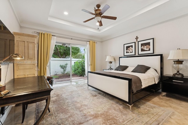 bedroom with ceiling fan, recessed lighting, access to outside, ornamental molding, and a tray ceiling