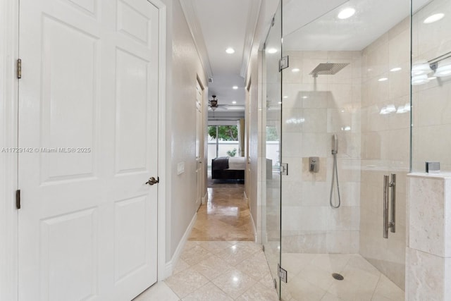 bathroom featuring a stall shower, ensuite bath, baseboards, and recessed lighting