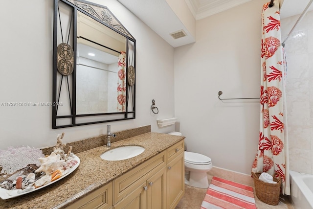 bathroom featuring toilet, vanity, visible vents, ornamental molding, and tile patterned floors