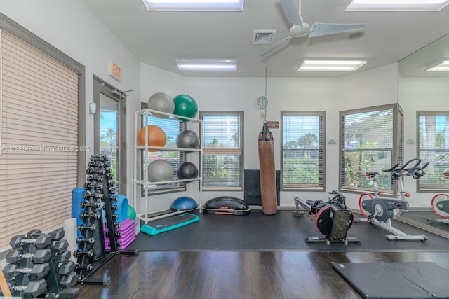 gym with visible vents, ceiling fan, and wood finished floors