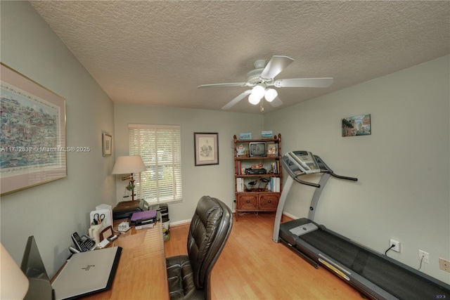 office featuring ceiling fan, light hardwood / wood-style floors, and a textured ceiling