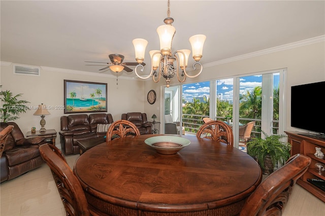 dining room featuring light tile patterned floors, ceiling fan with notable chandelier, and ornamental molding