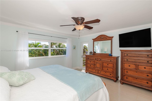 tiled bedroom with crown molding and ceiling fan