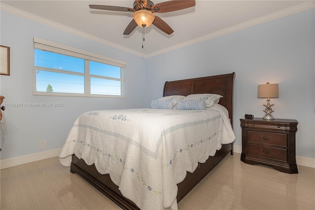 bedroom with crown molding and ceiling fan