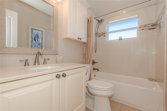 full bathroom with vanity, bathtub / shower combination, and toilet