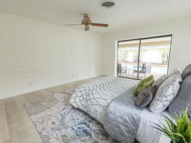 bedroom with ceiling fan, access to exterior, and light hardwood / wood-style floors