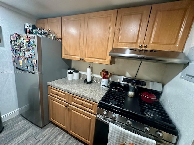 kitchen with stainless steel appliances and light hardwood / wood-style floors