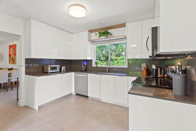 kitchen with white cabinetry, appliances with stainless steel finishes, sink, and backsplash