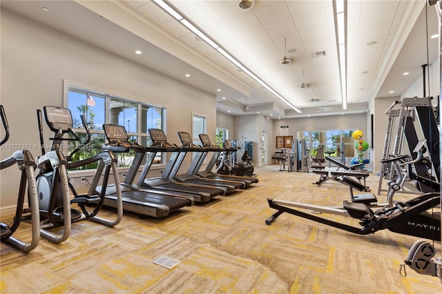 workout area with plenty of natural light, a high ceiling, and carpet flooring