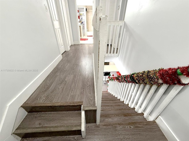 stairway featuring hardwood / wood-style flooring