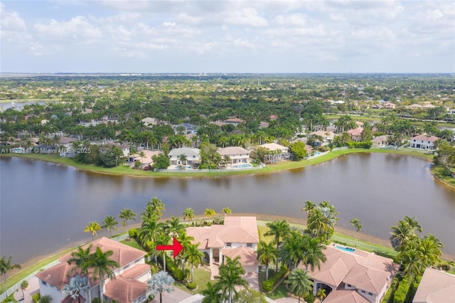 drone / aerial view featuring a water view