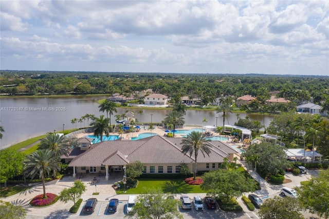 birds eye view of property featuring a water view