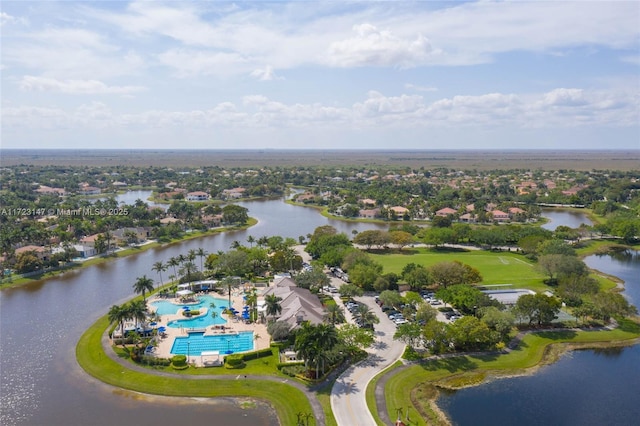 birds eye view of property featuring a water view