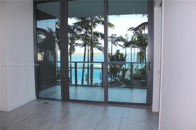 interior space with hardwood / wood-style flooring, a wealth of natural light, a wall of windows, and a water view