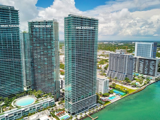 drone / aerial view with a water view