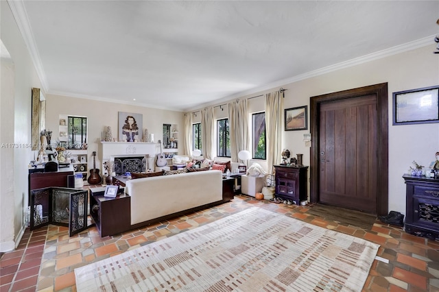 living area featuring crown molding and a fireplace