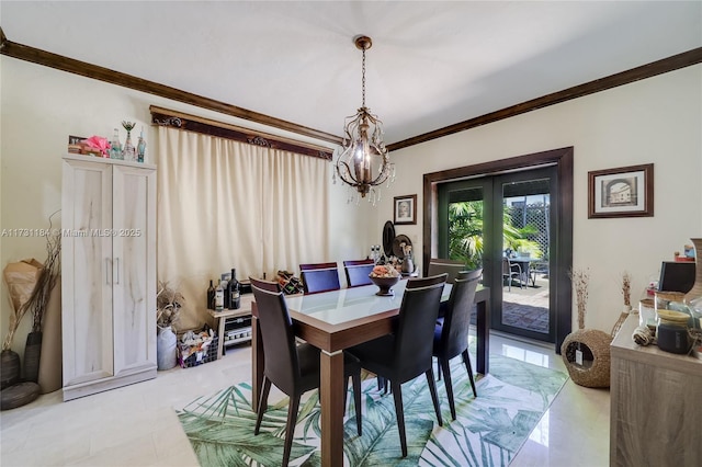 dining area featuring french doors and crown molding