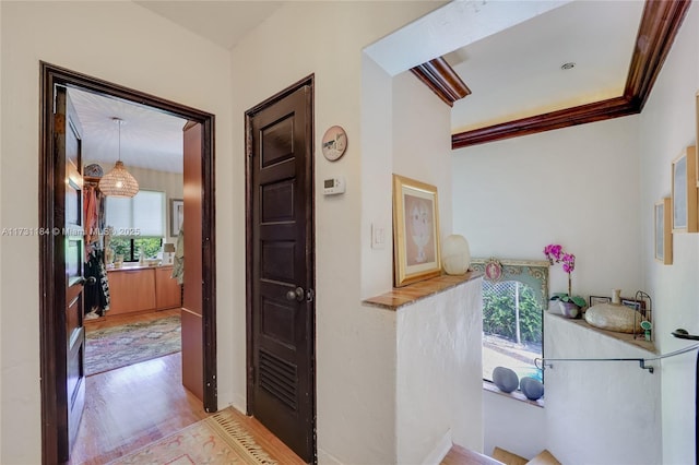 corridor featuring light wood finished floors and ornamental molding