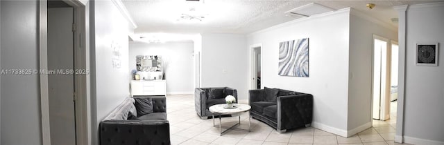 living room with crown molding, a textured ceiling, and light tile patterned flooring