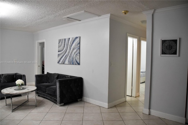 tiled living room featuring ornamental molding and a textured ceiling