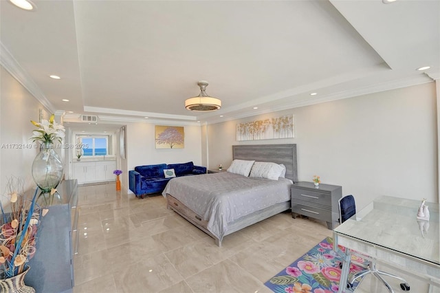 bedroom featuring recessed lighting, a raised ceiling, visible vents, and crown molding