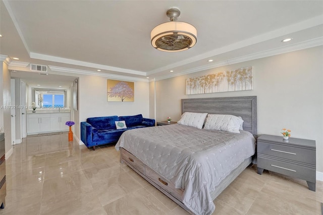 bedroom featuring ornamental molding, a raised ceiling, visible vents, and recessed lighting