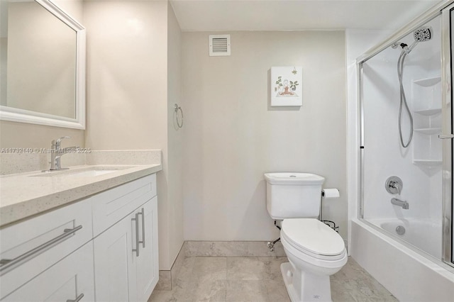 bathroom featuring enclosed tub / shower combo, toilet, vanity, and visible vents