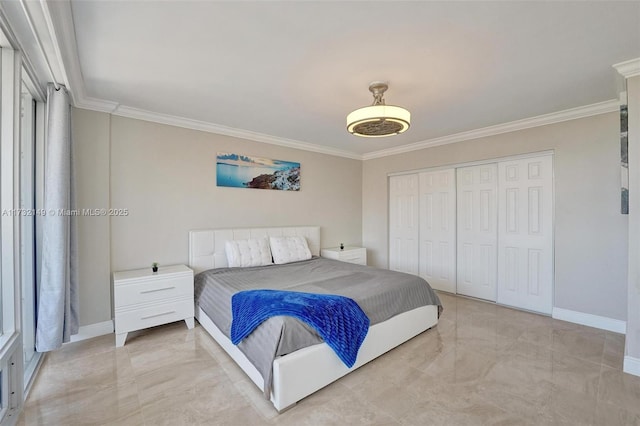 bedroom with baseboards and ornamental molding