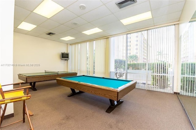 rec room featuring a paneled ceiling, visible vents, carpet flooring, and pool table