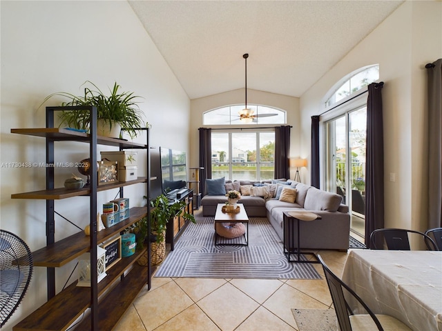 tiled living room featuring lofted ceiling