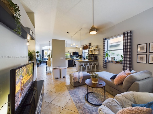 living room featuring track lighting and light tile patterned floors