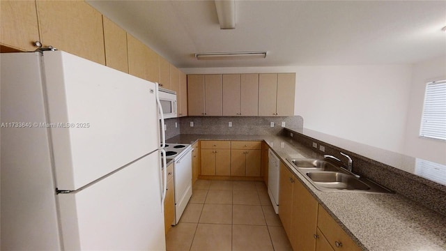 kitchen with light brown cabinetry, sink, tasteful backsplash, light tile patterned floors, and white appliances