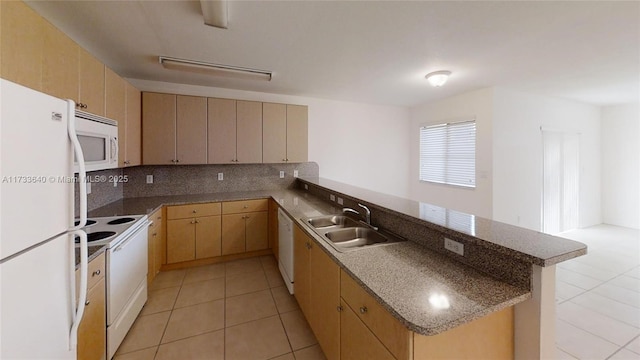 kitchen featuring sink, light brown cabinets, white appliances, and kitchen peninsula