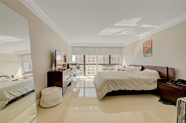 tiled bedroom with ornamental molding and expansive windows