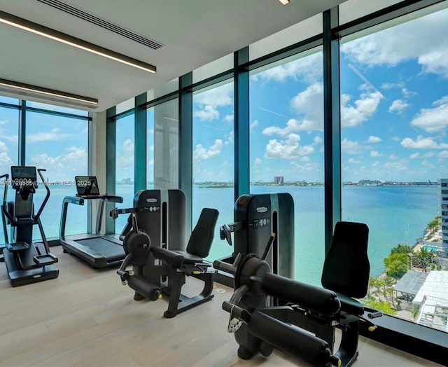 gym with floor to ceiling windows, a water view, and a wealth of natural light