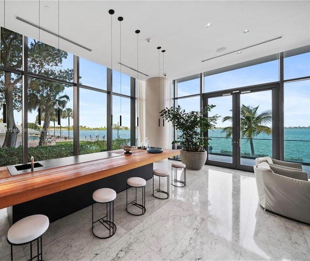 interior space with a water view, expansive windows, and plenty of natural light