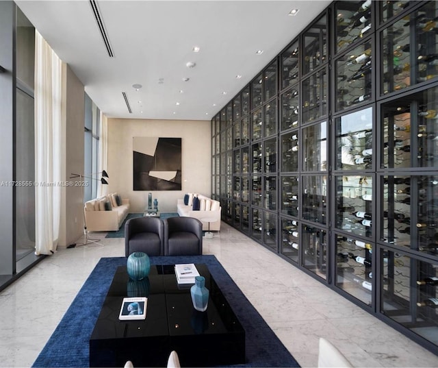 wine room featuring floor to ceiling windows