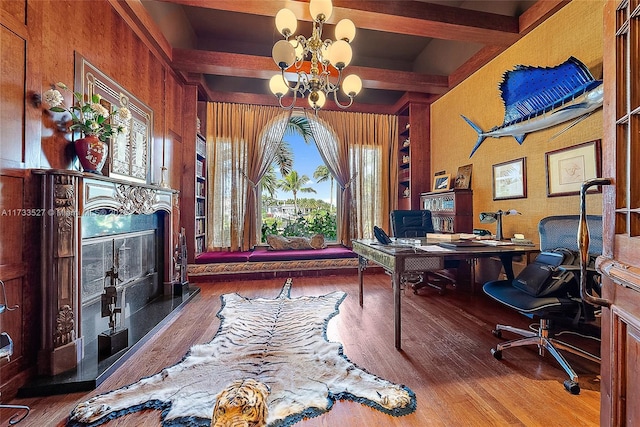 office featuring an inviting chandelier, hardwood / wood-style flooring, wooden walls, and beam ceiling