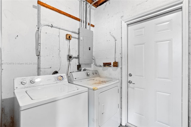 washroom featuring electric panel and washer and clothes dryer