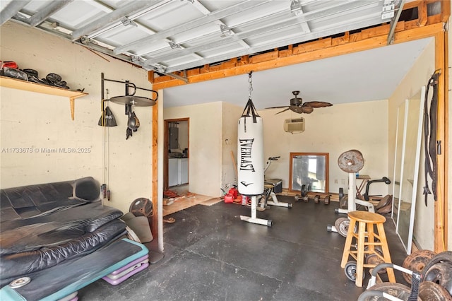 exercise room featuring electric panel and ceiling fan