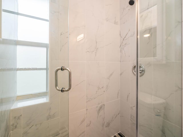 bathroom featuring a shower with door and a wealth of natural light