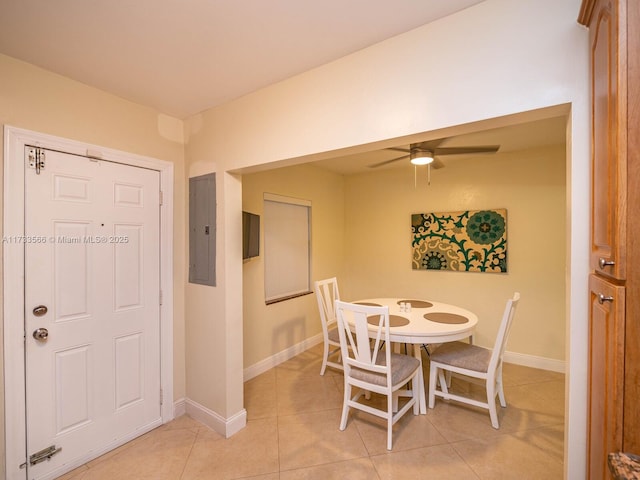 tiled dining area featuring electric panel and ceiling fan